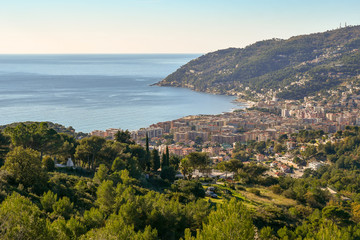 Panoramic view from above of the coastal city of Andora with Capo Mimosa cape, Liguria, Italy