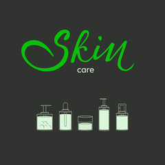 Skin care- lettering and font in title. Different cosmetic products in front. Vector illustration.