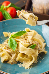 Pasta pappardelle with mixed wild mushrooms and creamy sauce.