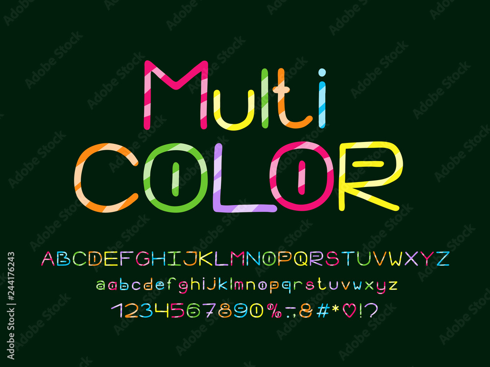 Fototapete multicolored alphabet with diagonal decorative lines. vector letters, numbers and punctuation marks