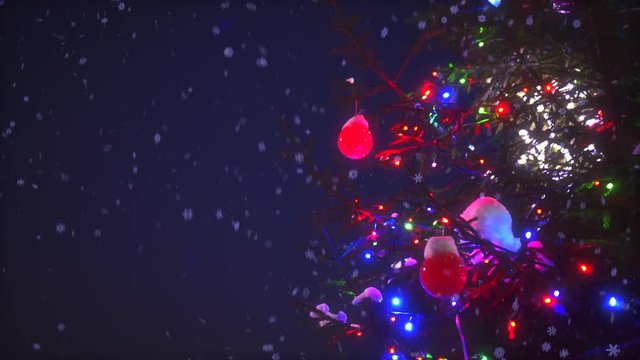Close-up branches of holiday spruce fir with colorful garland lights surrounded by snow fall animation. Amazing magic natural Christmas tree at black night background with pattern snowfall low angle