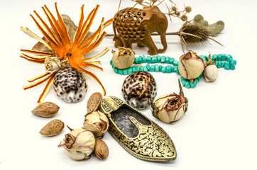 Obraz premium Old oriental souvenirs,wooden elephant figurine, turquoise beads, brass slipper in the form of ashtray, dry buds, thorns, shells on a white background