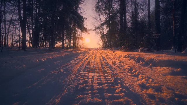 Pov shot slowly moving passing on countryside path surrounded by winter forest amazing sunset. Beautiful natural landscape high trees big snowdrift wonderful yellow sun in background point of view