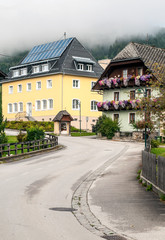 Rural village in the Austrian Alps on a cloudy day