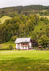 Rural village in the Austrian Alps on a cloudy day