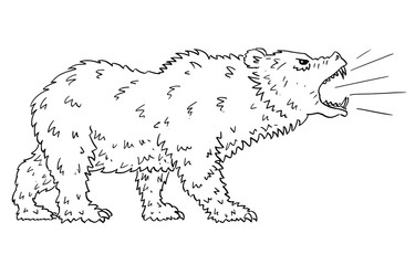 Cartoon drawing conceptual illustration of roaring bear as symbols of falling market prices.