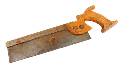 Old tenon woodworking hand saw isolated on a white background