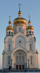Fototapeta na wymiar Spaso-Preobrazhensky Cathedral in Khabarovsk. The inscription on the temple, 
