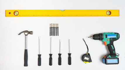 Collection of tools for building on white background