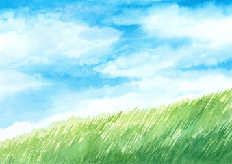 Fototapeta na wymiar background watercolor illustration, blue sky with green meadow