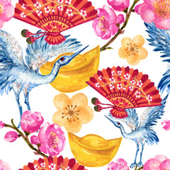 Hand drawn seamless background pattern inspired by chinese Korean and Japan kimono yukata background backdrop watercolor gouache