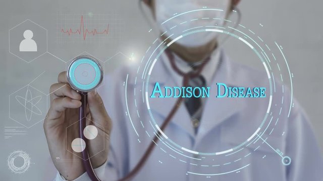 Addison Disease.Doctor using stethoscope on medicine background. Futuristic technology. data hologram healthy concept.