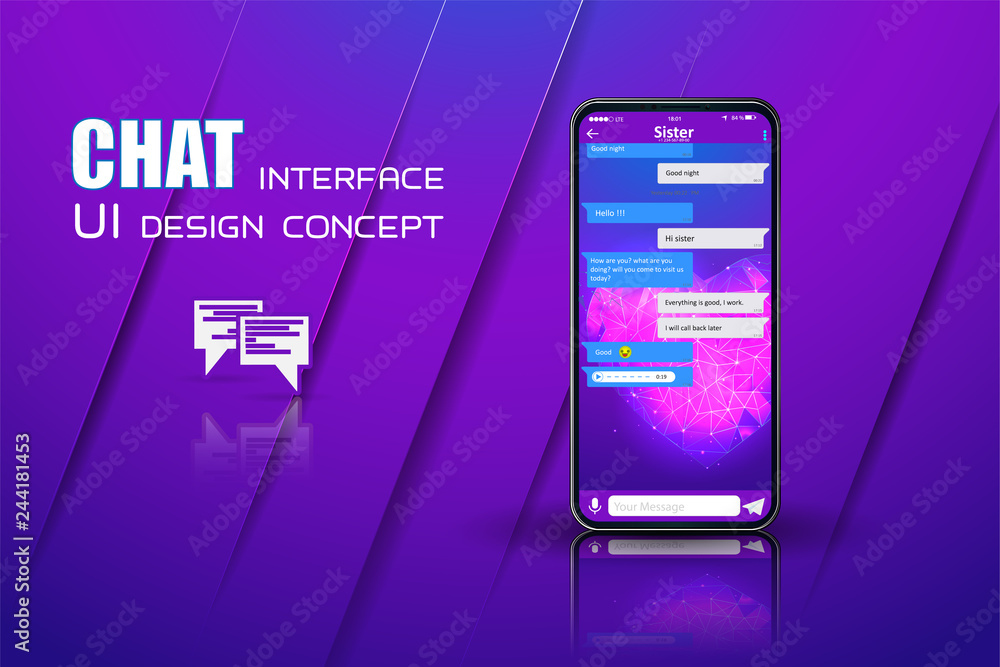 Poster clean mobile ui design concept. trendy chatbot application with dialogue window. sms messenger. vect