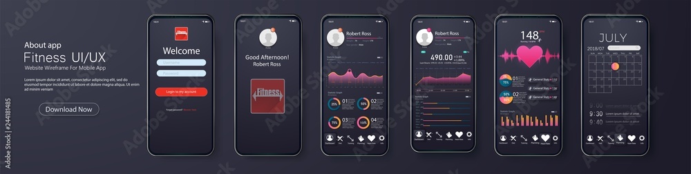 Leinwandbilder different ui, ux, gui screens fitnes app and flat web icons for mobile apps, responsive website incl