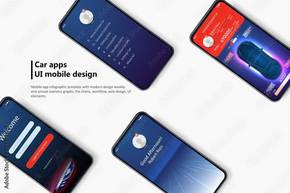 Leinwandbilder mobile app car for responsive or website with different gui layout including login, create account, 