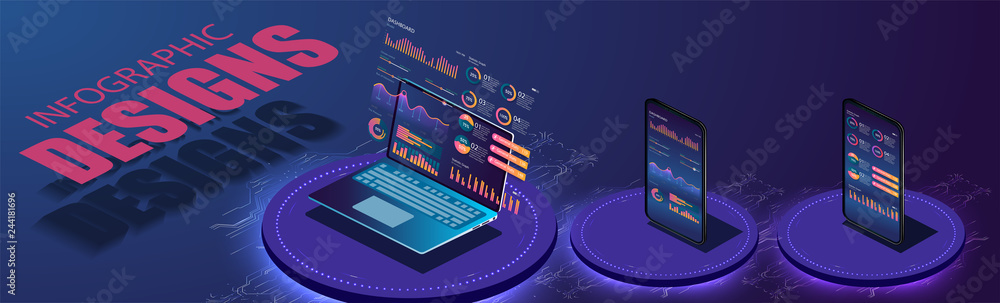 Poster application of smartphone and laptop with business graph and analytics data on isometric mobile phon