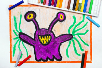 Colorful drawing: Cute purple monster with funny eyes