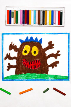 Colorful drawing: Cute brown monster with six hands