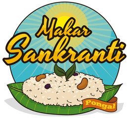 Delicious Pongal Dish Served in Banana Leaf for Makar Sankranti, Vector Illustration