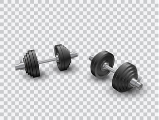 Beautiful realistic perspective view fitness vector of two black iron loadable dumbbells on transparent background.