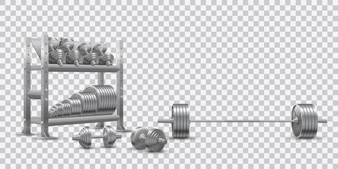 Beautiful realistic fitness vector perspective view on transparent background of an olympic barbell, steel loadable dumbbels and a storage shelf full of steel weight barbell plates.