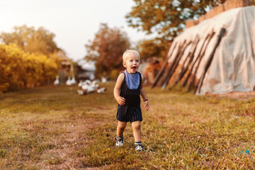 Toddler walking in the yard at autumn. In background ducks. Selective focus on the child.