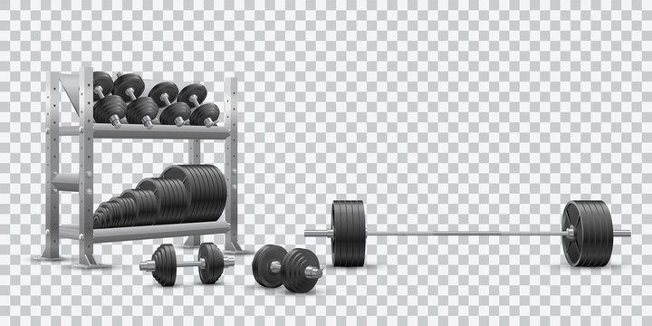 Beautiful realistic fitness vector perspective view on transparent background of an olympic barbell, black iron loadable dumbbels and a storage shelf full of black iron weight barbell plates.