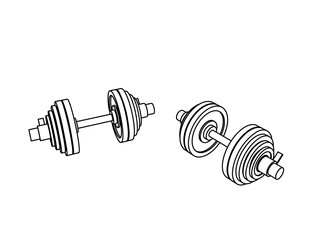 Outline perspective view fitness vector of two loadable dumbbells on white background.