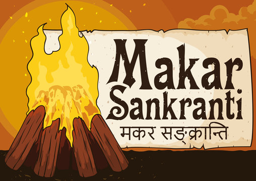 Traditional Bonfire and Greeting Scroll to Celebrate Makar Sankranti Festival, Vector Illustration