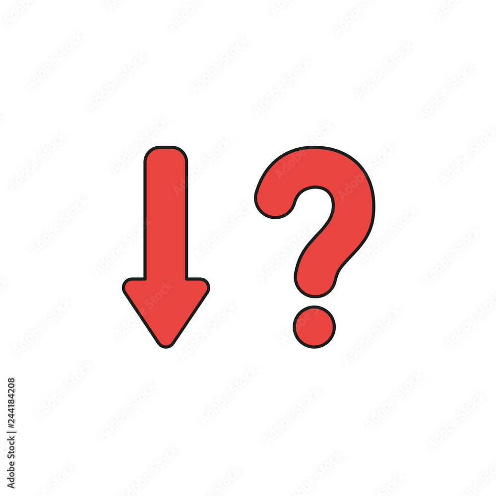 Poster vector icon concept of arrow down with question mark. colored and black outlines.