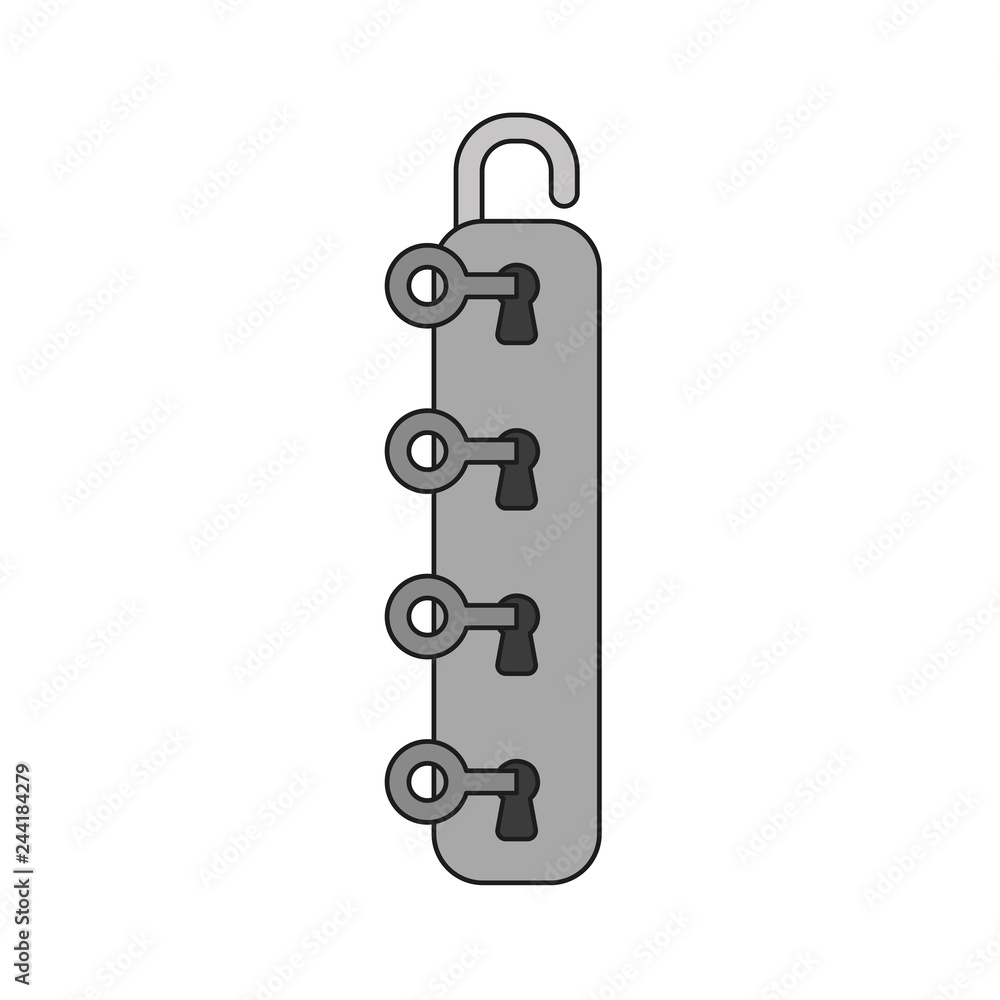 Poster vector icon concept of four keys into four keyholes and unlock padlock. colored and black outlines.