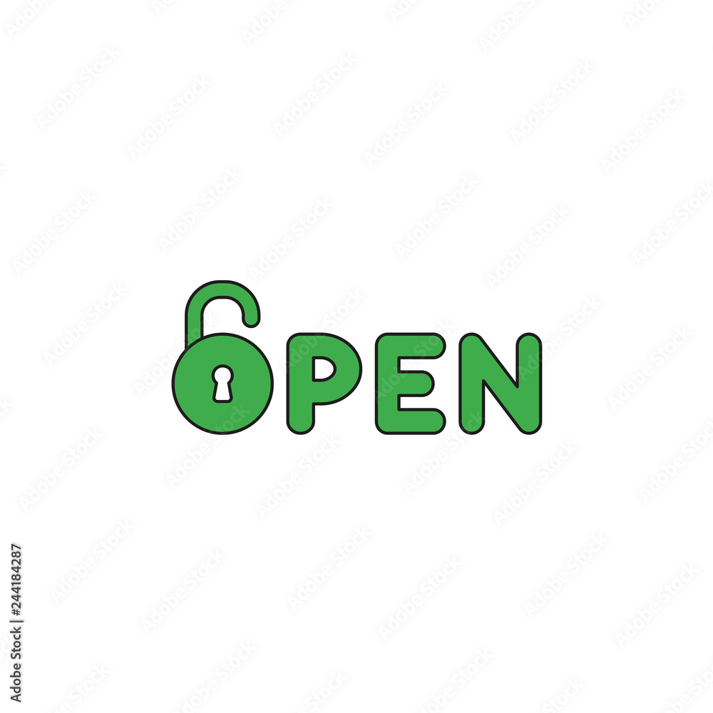 Poster vector icon concept of open word with opened padlock. colored and black outlines.