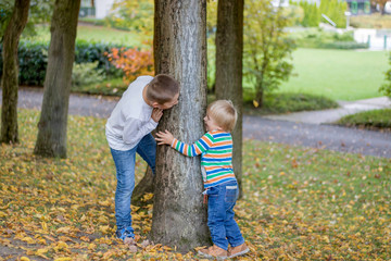 Adorable happy childs, with blond hair peeking around the tree playing hide and seek in a park