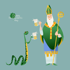 St Patrick (Apostle of Ireland) and a snake holding beer jugs. The patron saint of Ireland and a snake celebrate Saint Patrick’s Day.