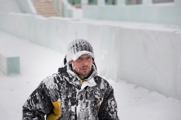 Portrait of a man covered with hoarfrost