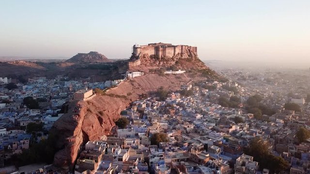 Aerial view 4k video by drone of Blue City And Mehrangarh Fort In Jodhpur, Rajasthan, India