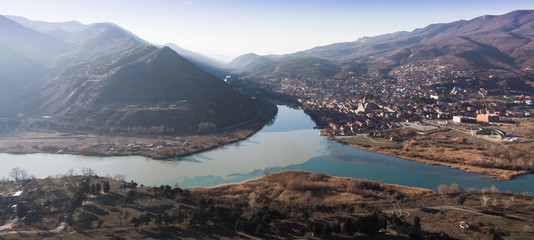 View of Mtskheta city and Kura with Aragvi rivers from Jvari Monastery. Mtskheta, Georgia © Alexey Tyurin
