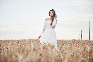 Portrait of a beautiful girl in a white dress in the field of wheat