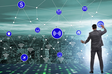 Concept of smart city with businessman pressing buttons