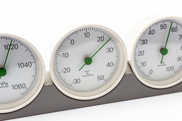 modern, round barometer, thermometer, hygrometer. Analog device for measuring humidity, temperature and atmospheric pressure.