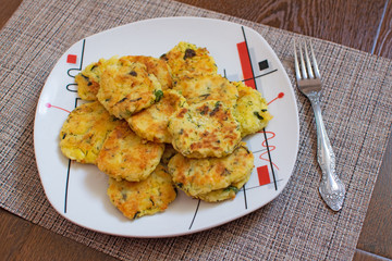 Potato pancakes with green onions. Draniki - potato fritters. The naitonal dish of Belarus, Ukraine and Russia. Potato zucchini cakes.