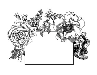 Rose, lilacs, peony and tulip hand drawn engraving illustration.