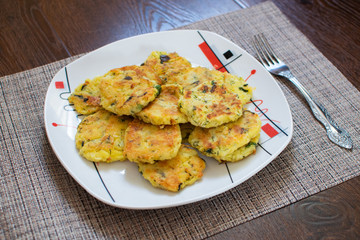 Potato pancakes with green onions. Draniki - potato fritters. The naitonal dish of Belarus, Ukraine and Russia. Potato zucchini cakes.