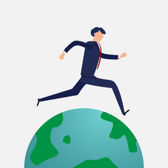 Fototapeta na wymiar Businessman running around the world. Flat design and Character design concept. Business and people theme.