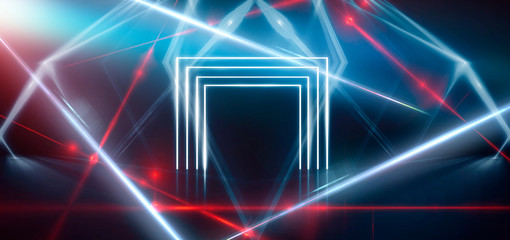 Abstract blue background with neon light, tunnel, arch, corridor, red laser beams, smoke. Light arch. Abstraction of blue with neon, rays, lines.