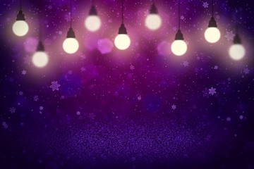 Fototapeta na wymiar pretty shiny glitter lights defocused bokeh abstract background with light bulbs and falling snow flakes fly, holiday mockup texture with blank space for your content