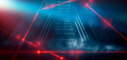 Dark street with smoke, smog, dust, laser beams of red. Abstract dark background of the night city, neon light.