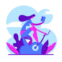 Fitness woman working out on exercise bike and reading a book. Healthy lifestyle. Vector illustration in flat style