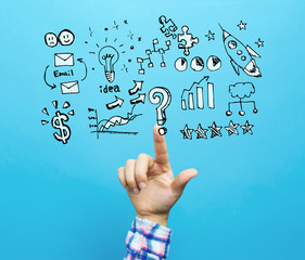 Business strategy ideas with hand on a blue background