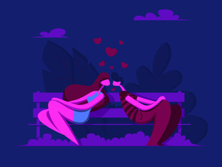 In love couple kisses on a bench in the park. Love story. Happy Valentines card. Vector illustration in flat style